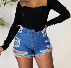 Distressed Raw Hem Denim Shorts with Pockets