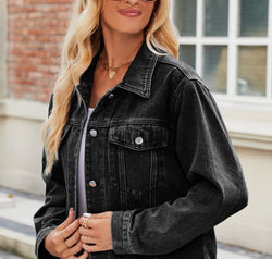 Pocketed Collared Neck Denim Jacket