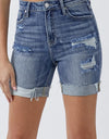 RISEN Full Size Distressed Rolled Denim Shorts with Pockets