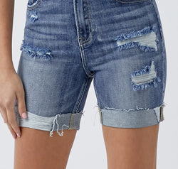 RISEN Full Size Distressed Rolled Denim Shorts with Pockets