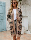 Pocketed Geometric Open Front Dropped Shoulder Cardigan