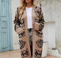 Pocketed Geometric Open Front Dropped Shoulder Cardigan