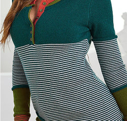Striped Contrast Notched Long Sleeve Sweater