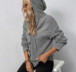 Button-Down Long Sleeve Hooded Sweater
