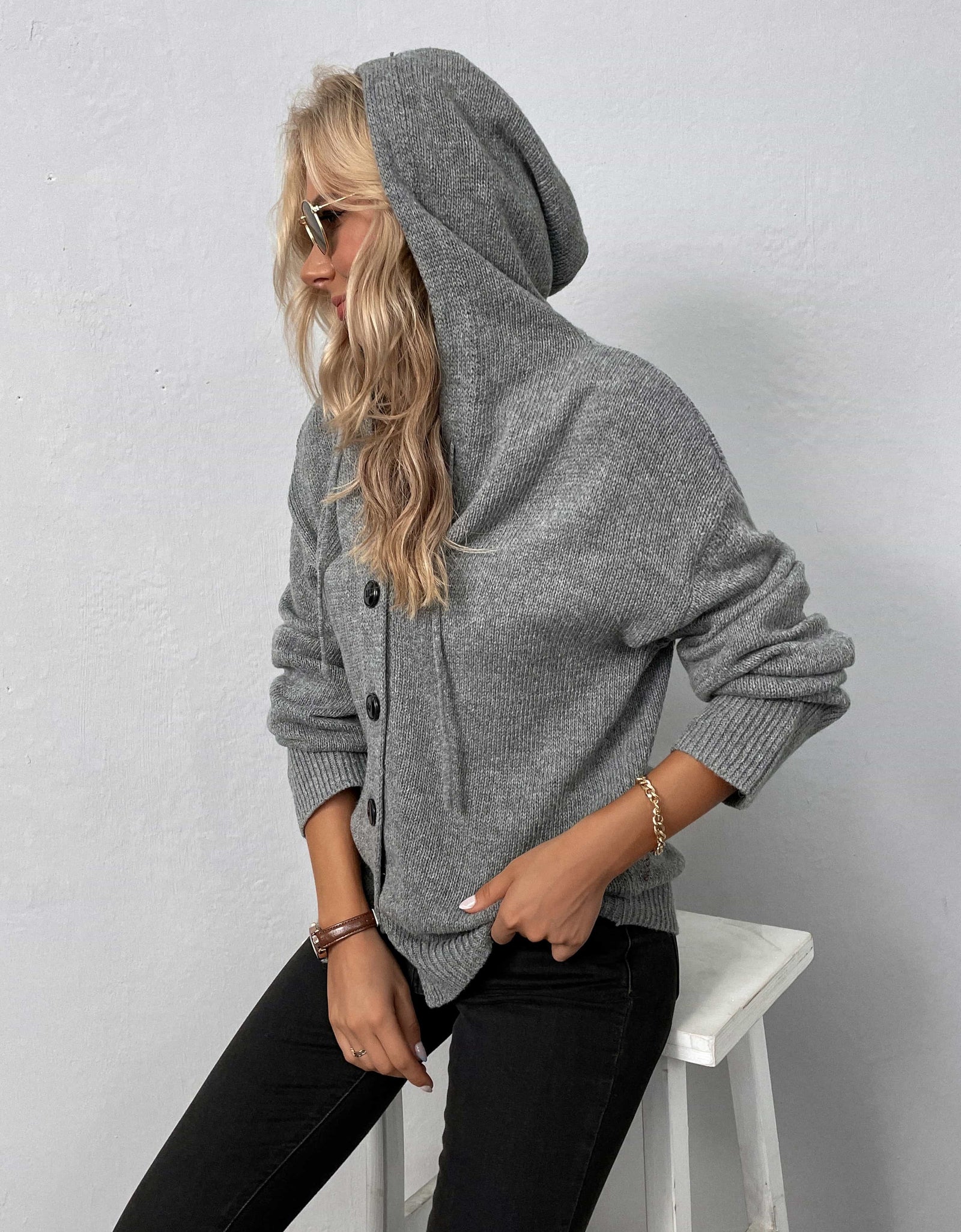 Button-Down Long Sleeve Hooded Sweater