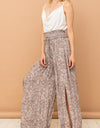 And The Why Printed Smocked Waist Slit Wide Leg Pants