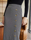 Houndstooth Decorative Button Slit Midi Skirt