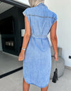 Collared Neck Cap Sleeve Denim Dress