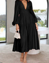 Deep V-Neck Balloon Sleeve Plain Maxi Dress