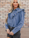 Ruffled Round Neck Long Sleeve Denim Top