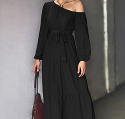 Belted One-Shoulder Tiered Maxi Dress