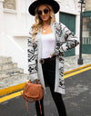 Pocketed Geometric Open Front Dropped Shoulder Cardigan