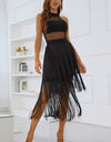 Spliced Mesh Fringe Hem Sleeveless Dress