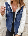 Two-Tone Spliced Denim Sherpa Hooded Jacket