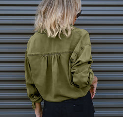 Drawstring Pocketed Button Up Denim Top