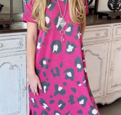 Leopard Slit V-Neck Short Sleeve Maxi Dress