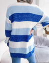 Striped Rib-Knit Open Front Longline Cardigan