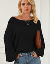 Openwork Boat Neck Lantern Sleeve Sweater