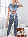 Satin Short Sleeve Crop Top and Joggers Lounge Set