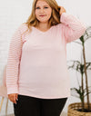 Plus Size Sheer Striped Sleeve V-Neck Top