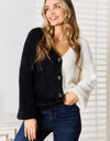 Woven Right Contrast Button-Front V-Neck Cardigan