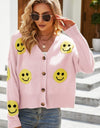 Smiley Face Ribbed Trim V-Neck Cardigan