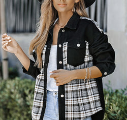 Plaid Pocketed Button Up Denim Jacket