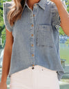 Raw Hem Button Up Cap Sleeve Denim Top