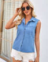 Pocketed Button Up Sleeveless Denim Top