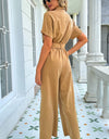 Shiny Tie Belt Buttoned Short Sleeve Collared Neck Jumpsuit