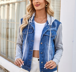 Pocketd Button Up Detachable Hooded Denim Jacket