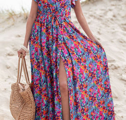Slit Printed Cap Sleeve Maxi Dress