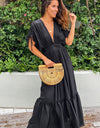 Plunge Neck Tie Sleeve Maxi Dress