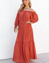 Ruffle Trim Off Shoulder Long Sleeve Maxi Dress