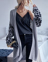 Leopard Sleeves Waffle Knit Open Front Cardigan