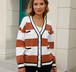 Color Block V-Neck Long Sleeve Cardigan