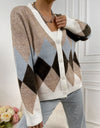 Geometric Button-Up V-Neck Dropped Shoulder Cardigan