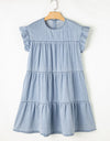 Ruffled Round Neck Cap Sleeve Denim Dress