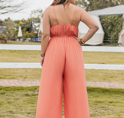 Plus Size Lace Detail Spaghetti Strap Wide Leg Jumpsuit
