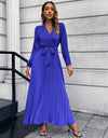 V-Neck Tie Waist Pleated Maxi Dress