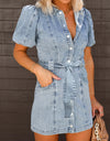 Puff Sleeve Button Up Mini Denim Dress