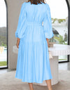 Deep V-Neck Balloon Sleeve Plain Maxi Dress