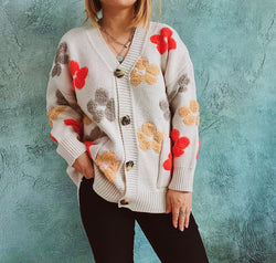 Floral V-Neck Button Up Cardigan with Pockets