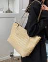 Straw Weave Leather Strap Tote Bag