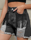 Fringe Trim Distressed Denim Shorts with Pockets