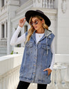 Drawstring Pocketed Button Up Sleeveless Denim Jacket