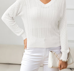 V-Neck Long Sleeve Eyelet Knit Top