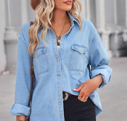 Collared Neck Dropped Shoulder Denim Top