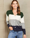 Woven Right Color Block V-Neck Button Down Cardigan