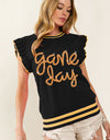 BiBi Game Day Letter Contrast Trim Ruffled Sleeveless Sweater